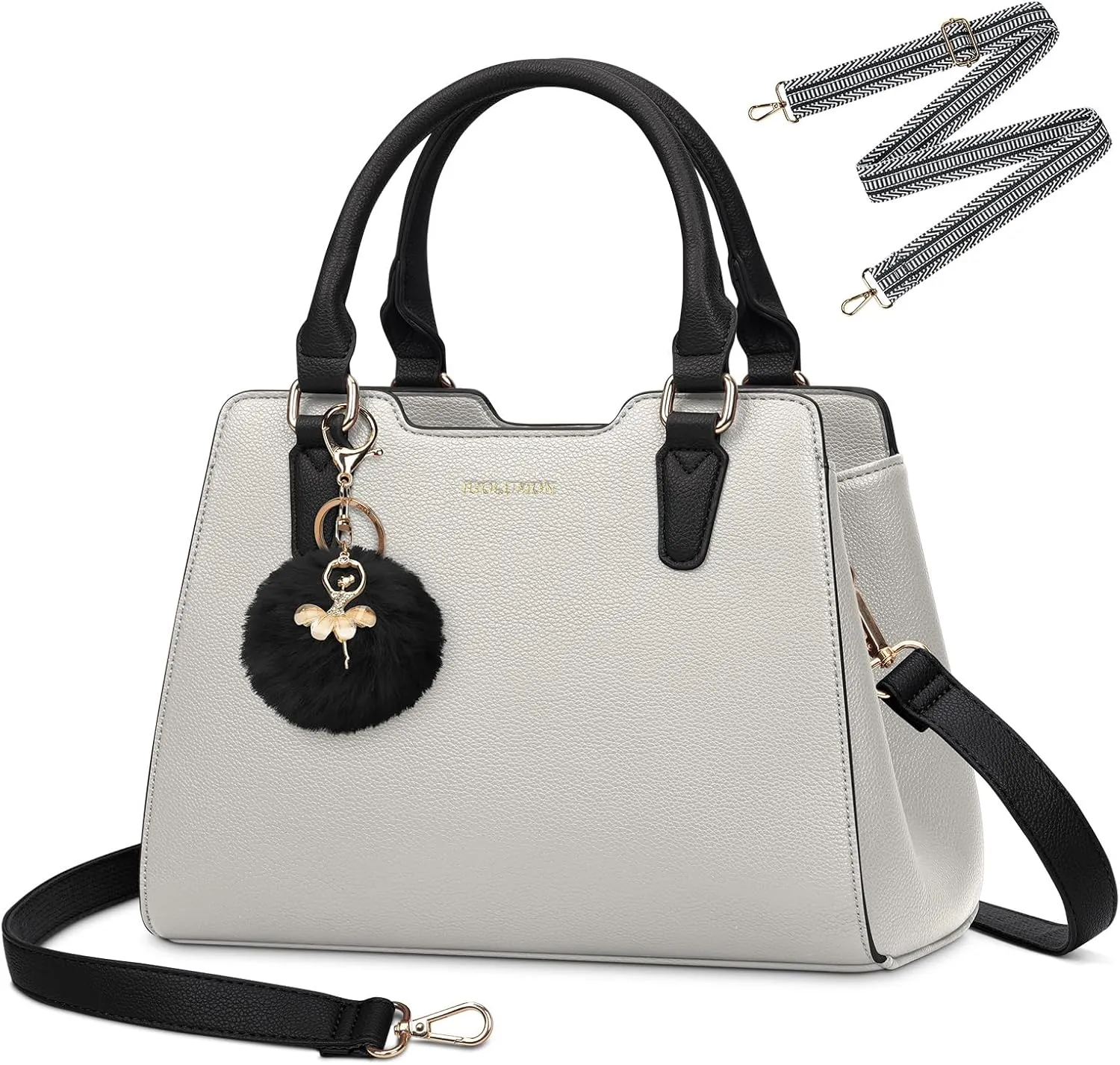 IGOLUMON Women's Top-Handle Handbags PU Vegan Leather Satchel Purses for Women Designer Tote Purse Handbag with Cute Pompom