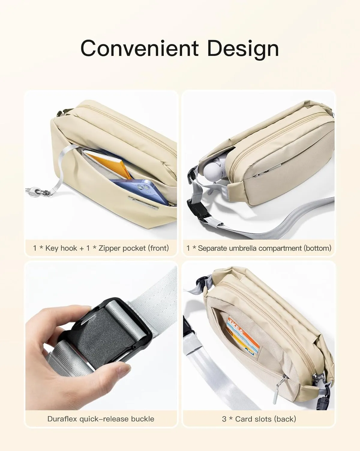 Inateck Sling Bag X, 4L Multi-pocket Crossbody Shoulder Chest Bag with Adjustable Shoulder Strap, Water-resistant Waist Fanny Pack for Men, Women, Travel, Daily Use, Cycling, Hiking, Beige, Large