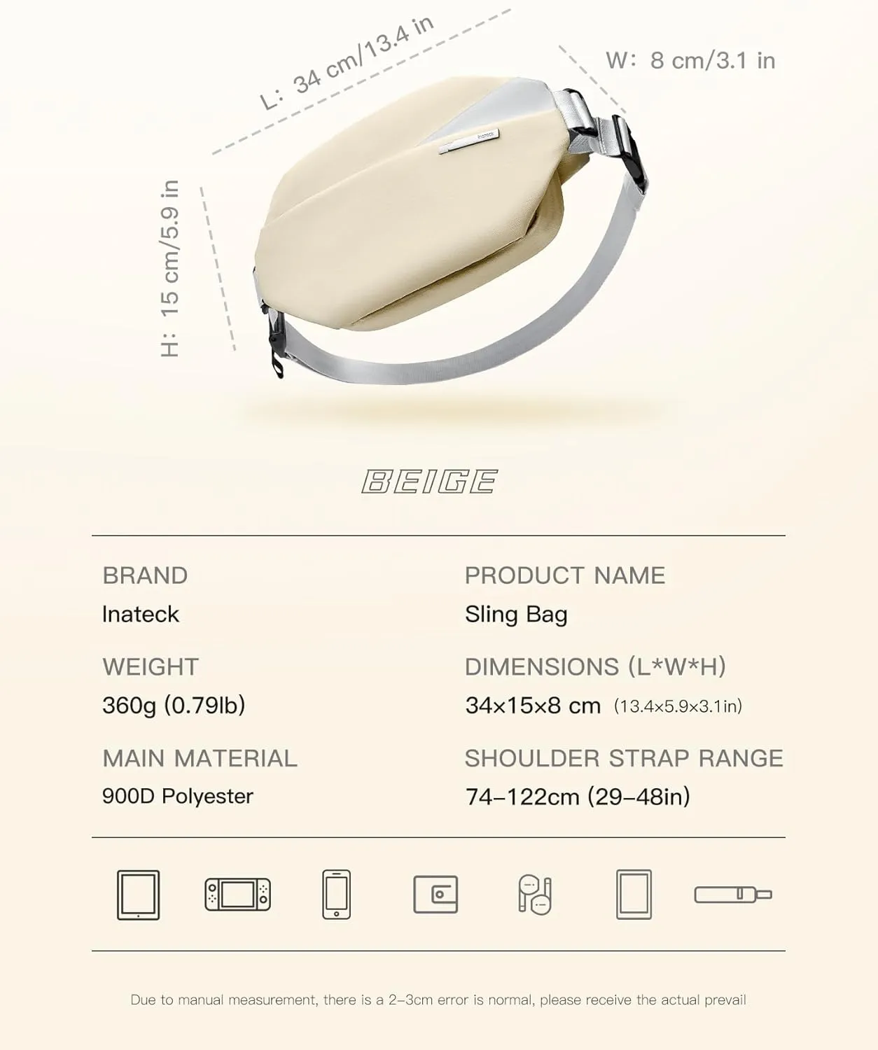 Inateck Sling Bag X, 4L Multi-pocket Crossbody Shoulder Chest Bag with Adjustable Shoulder Strap, Water-resistant Waist Fanny Pack for Men, Women, Travel, Daily Use, Cycling, Hiking, Beige, Large