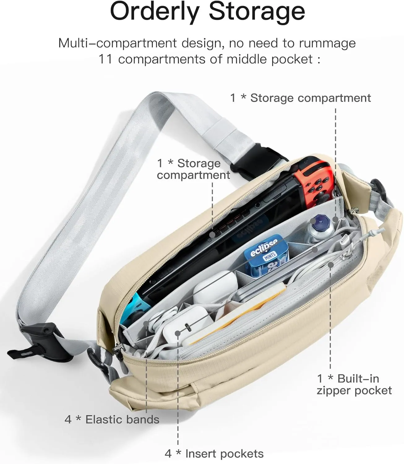 Inateck Sling Bag X, 4L Multi-pocket Crossbody Shoulder Chest Bag with Adjustable Shoulder Strap, Water-resistant Waist Fanny Pack for Men, Women, Travel, Daily Use, Cycling, Hiking, Beige, Large