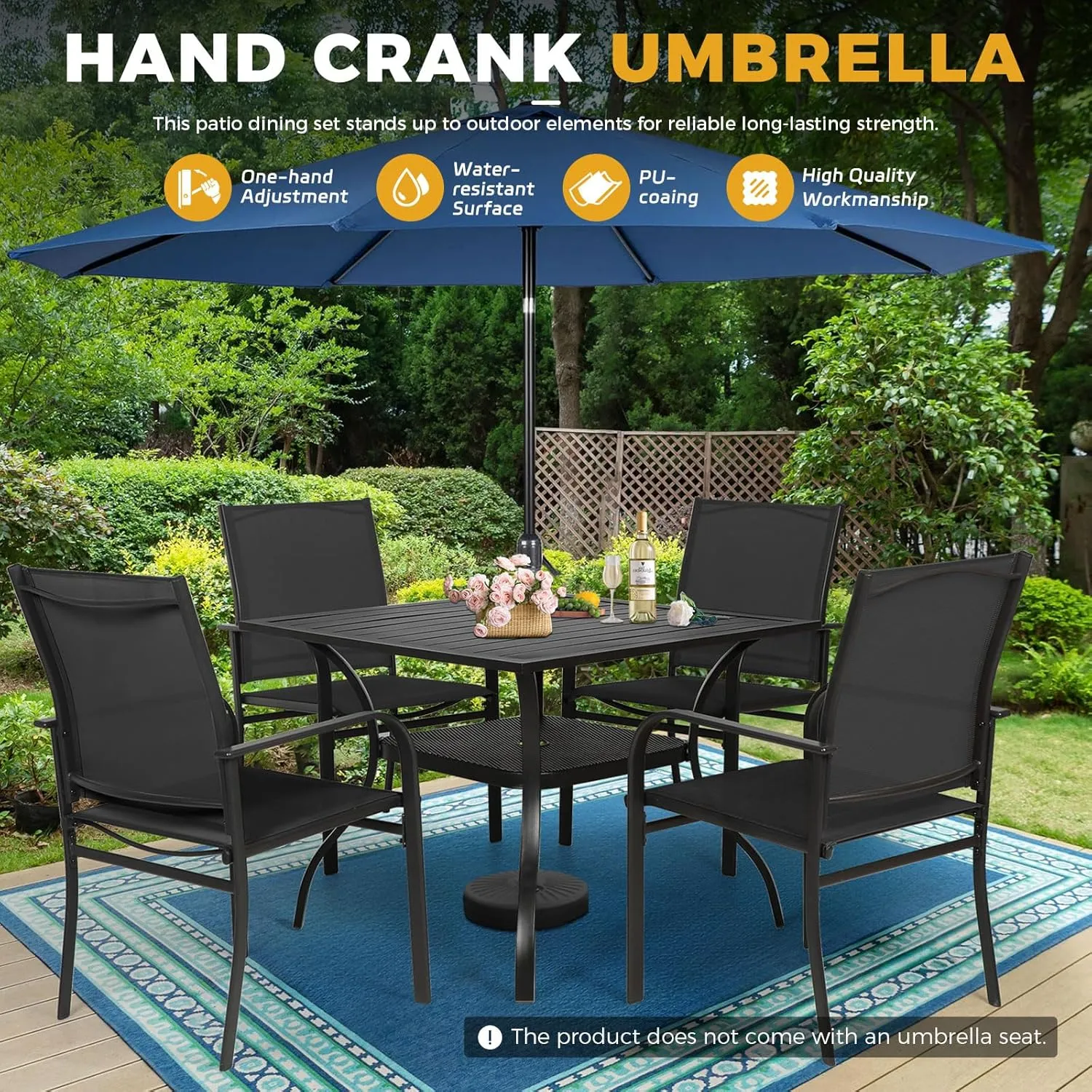 Incbruce 6 Pieces Patio Dining Set with Dark Blue Umbrella, Outdoor Dining Set of 4 Textilene Chairs and Square Table with Umbrella Hole for Backyard, Garden, and Poolside (Black)