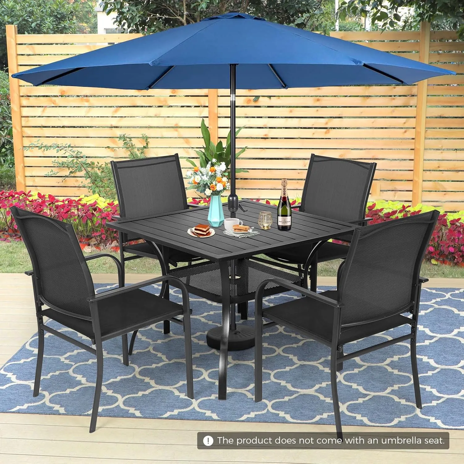 Incbruce 6 Pieces Patio Dining Set with Dark Blue Umbrella, Outdoor Dining Set of 4 Textilene Chairs and Square Table with Umbrella Hole for Backyard, Garden, and Poolside (Black)