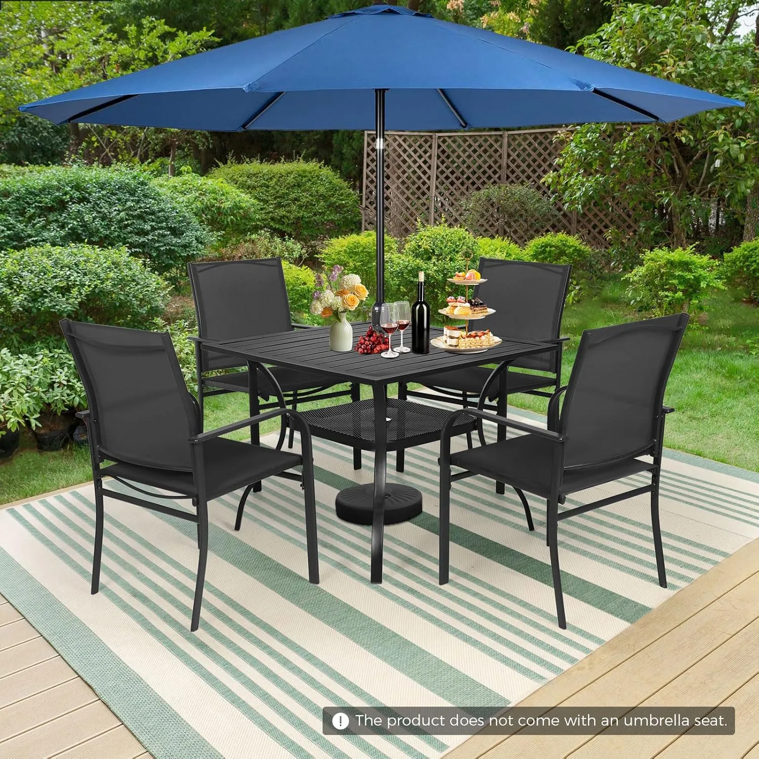 Incbruce 6 Pieces Patio Dining Set with Dark Blue Umbrella, Outdoor Dining Set of 4 Textilene Chairs and Square Table with Umbrella Hole for Backyard, Garden, and Poolside (Black)