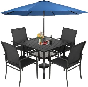Incbruce 6 Pieces Patio Dining Set with Dark Blue Umbrella, Outdoor Dining Set of 4 Textilene Chairs and Square Table with Umbrella Hole for Backyard, Garden, and Poolside (Black)