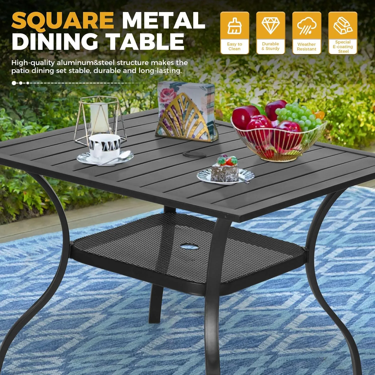 Incbruce 6 Pieces Patio Dining Set with Dark Blue Umbrella, Outdoor Dining Set of 4 Textilene Chairs and Square Table with Umbrella Hole for Backyard, Garden, and Poolside (Black)