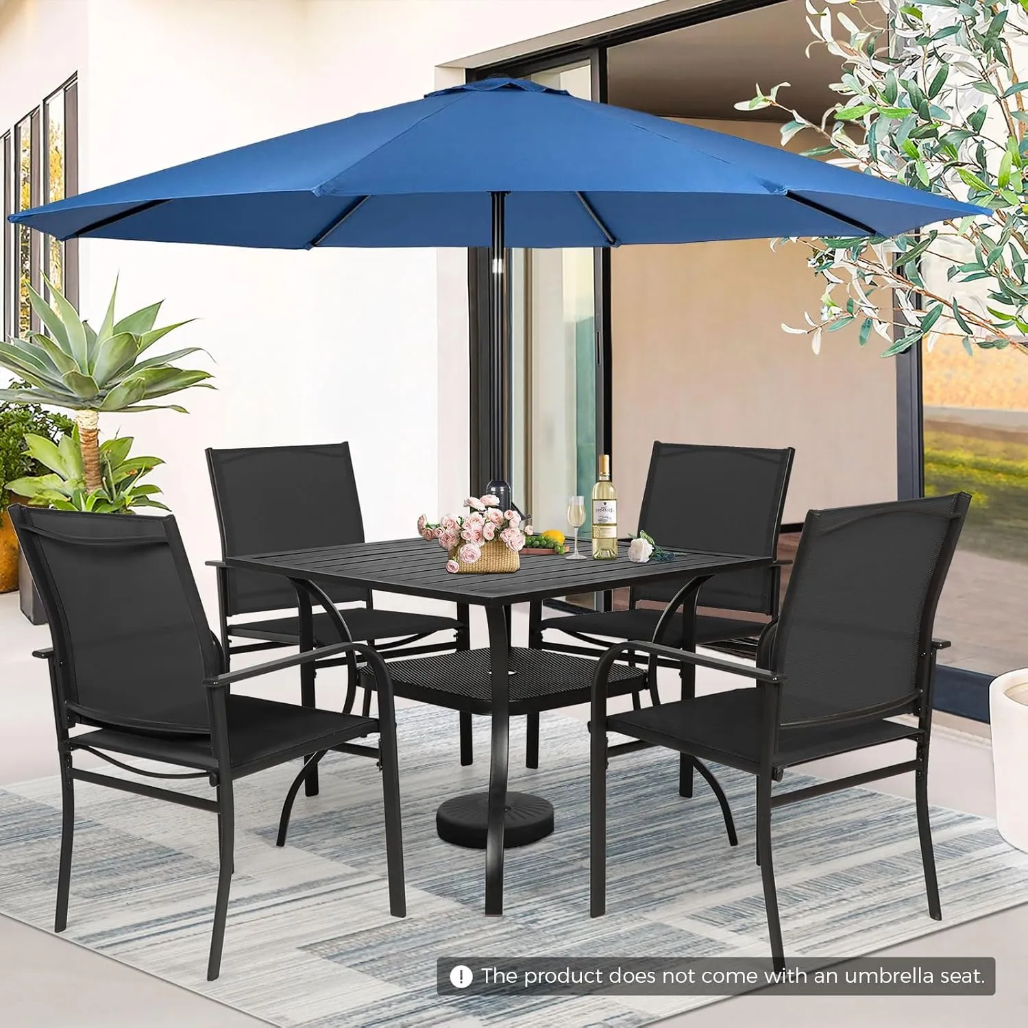 Incbruce 6 Pieces Patio Dining Set with Dark Blue Umbrella, Outdoor Dining Set of 4 Textilene Chairs and Square Table with Umbrella Hole for Backyard, Garden, and Poolside (Black)
