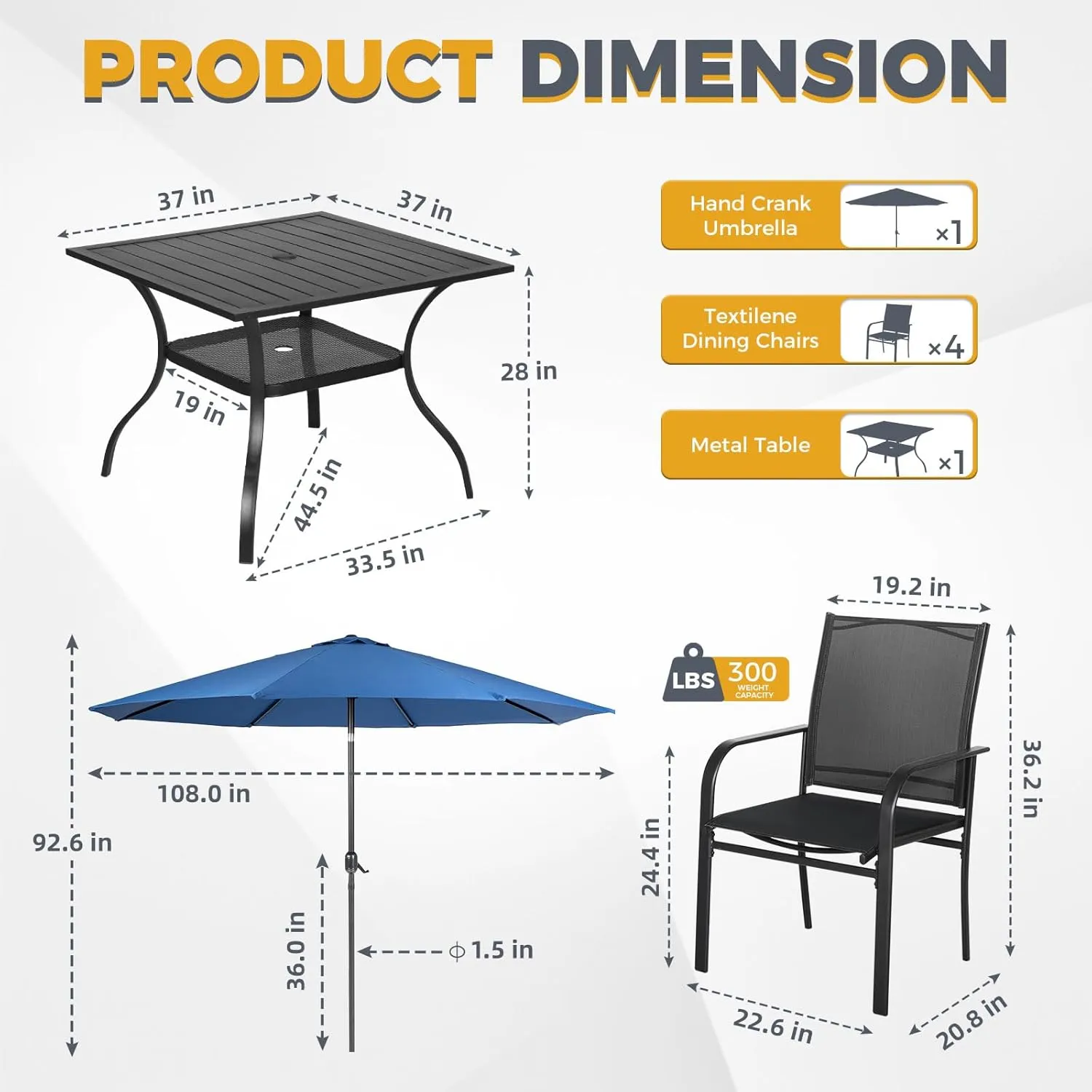 Incbruce 6 Pieces Patio Dining Set with Dark Blue Umbrella, Outdoor Dining Set of 4 Textilene Chairs and Square Table with Umbrella Hole for Backyard, Garden, and Poolside (Black)