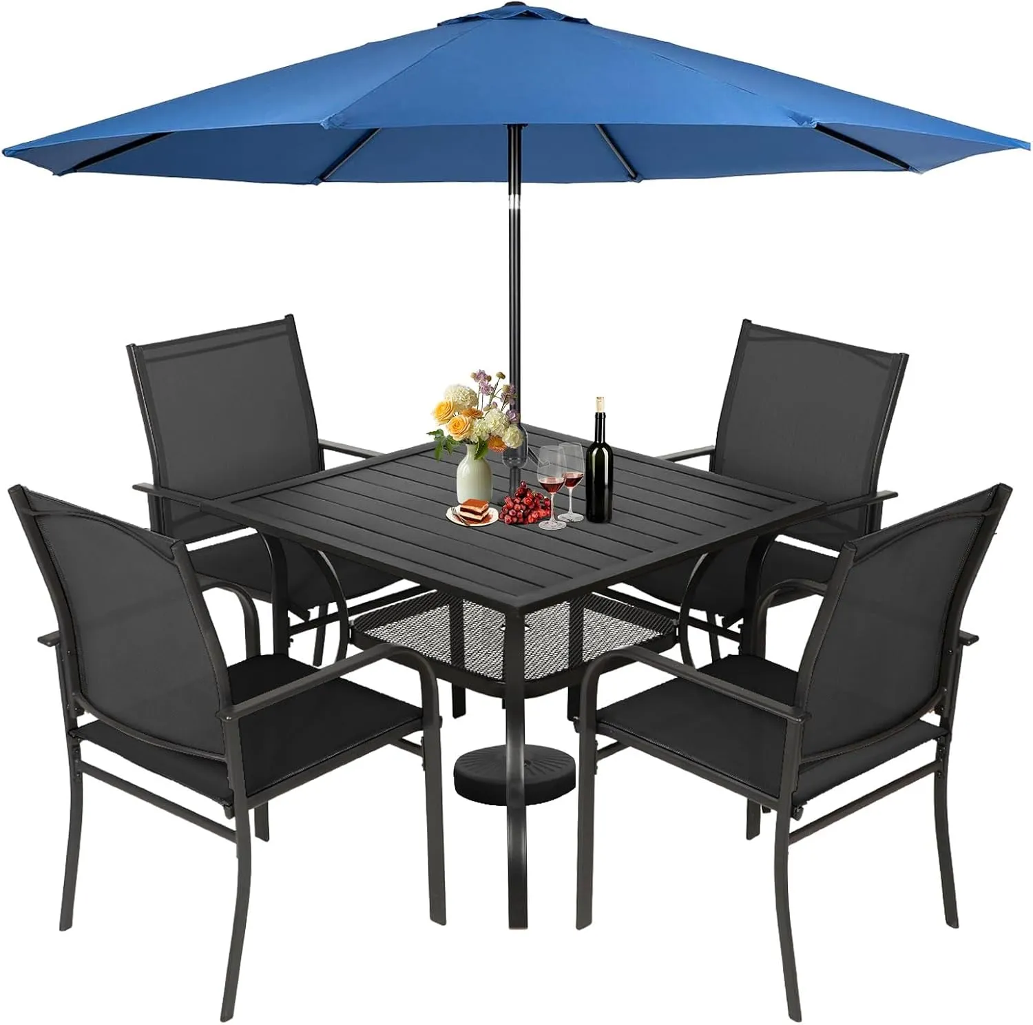 Incbruce 6 Pieces Patio Dining Set with Dark Blue Umbrella, Outdoor Dining Set of 4 Textilene Chairs and Square Table with Umbrella Hole for Backyard, Garden, and Poolside (Black)