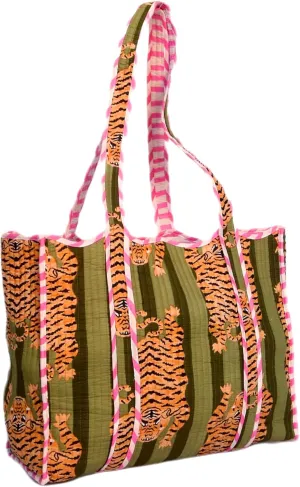 Indian Beautiful Quilted Tote Bag Handmade Unisex Quilted Bag Soft Cotton Tote Bag Travel Bag, Shoulder Bag, Large Tote Tiger Print