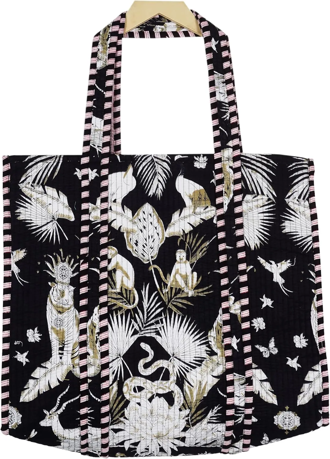 Indian Handmade Block Printed Tote Bag Women Handbag Traveling Bag Men Shoulder Bag With One Pocket Quilted Cotton Tote Bag
