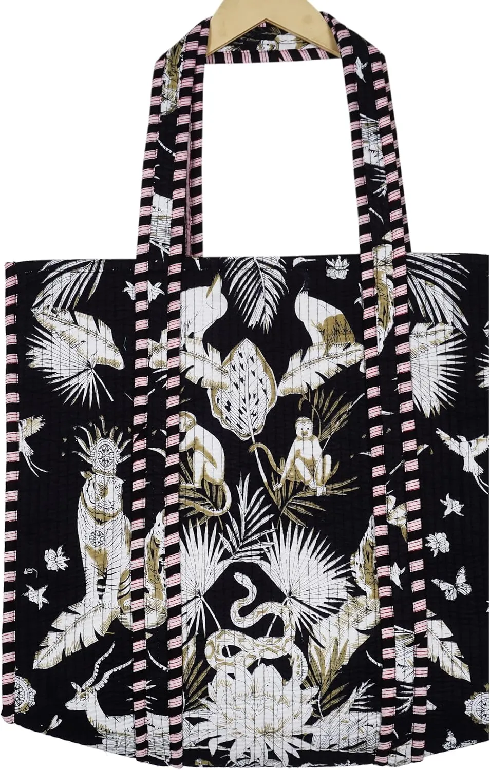 Indian Handmade Block Printed Tote Bag Women Handbag Traveling Bag Men Shoulder Bag With One Pocket Quilted Cotton Tote Bag
