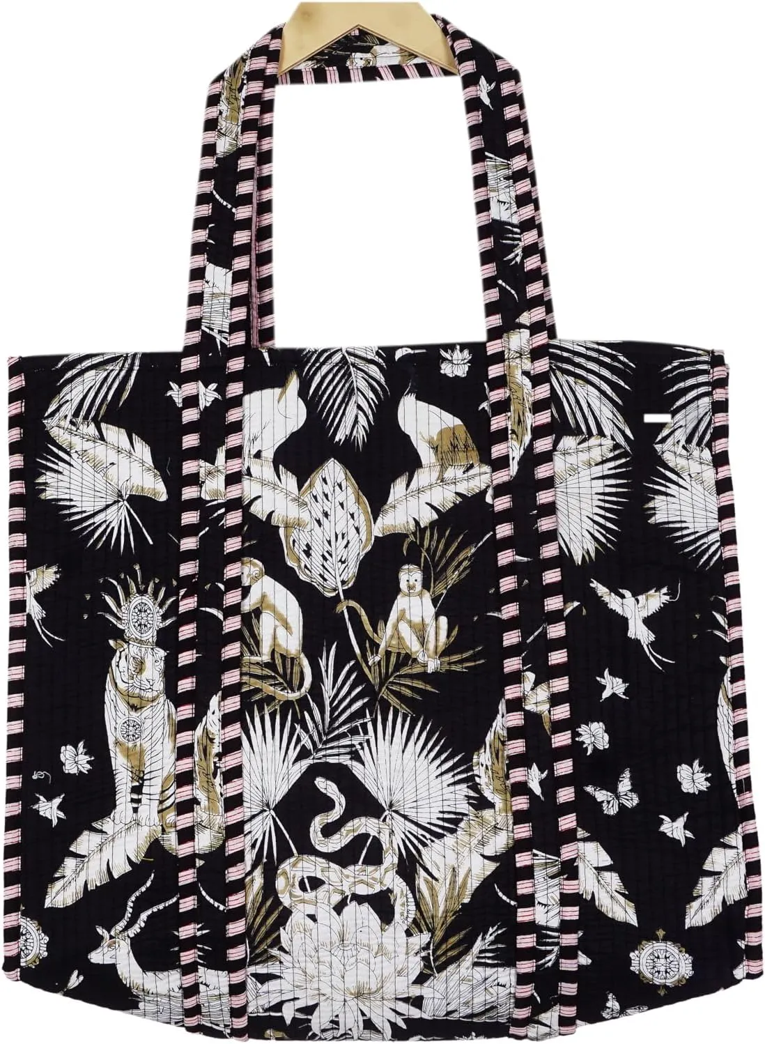 Indian Handmade Block Printed Tote Bag Women Handbag Traveling Bag Men Shoulder Bag With One Pocket Quilted Cotton Tote Bag