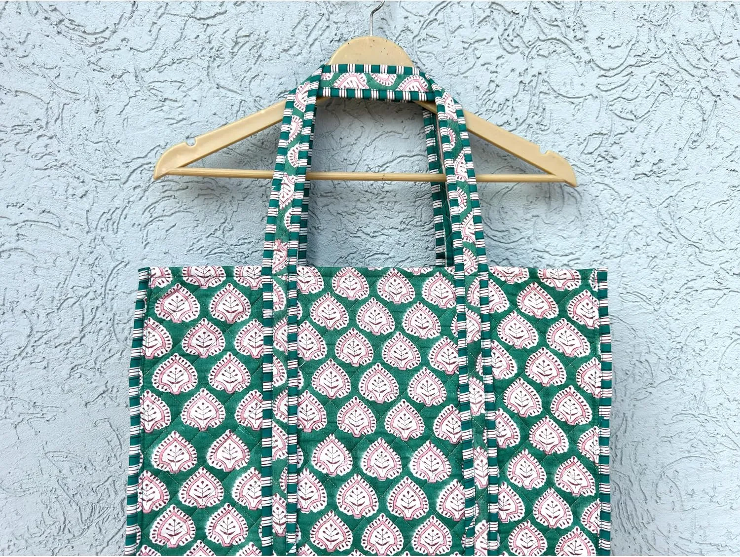 Indian Handmade Block Printed Tote Bag Women Handbag Traveling Bag Men Shoulder Bag With One Pocket Quilted Cotton Tote Bag