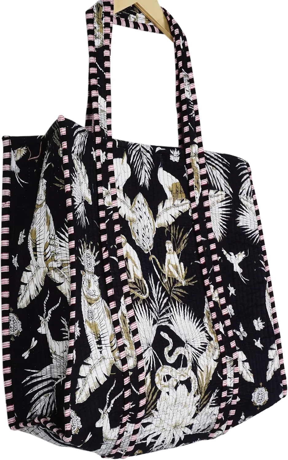 Indian Handmade Block Printed Tote Bag Women Handbag Traveling Bag Men Shoulder Bag With One Pocket Quilted Cotton Tote Bag