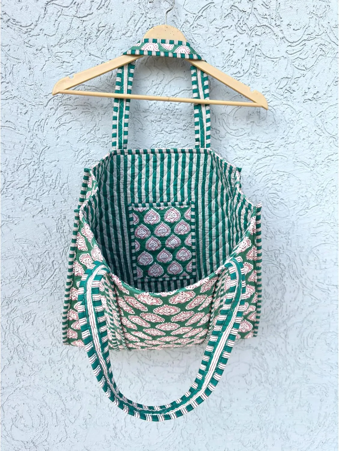 Indian Handmade Block Printed Tote Bag Women Handbag Traveling Bag Men Shoulder Bag With One Pocket Quilted Cotton Tote Bag