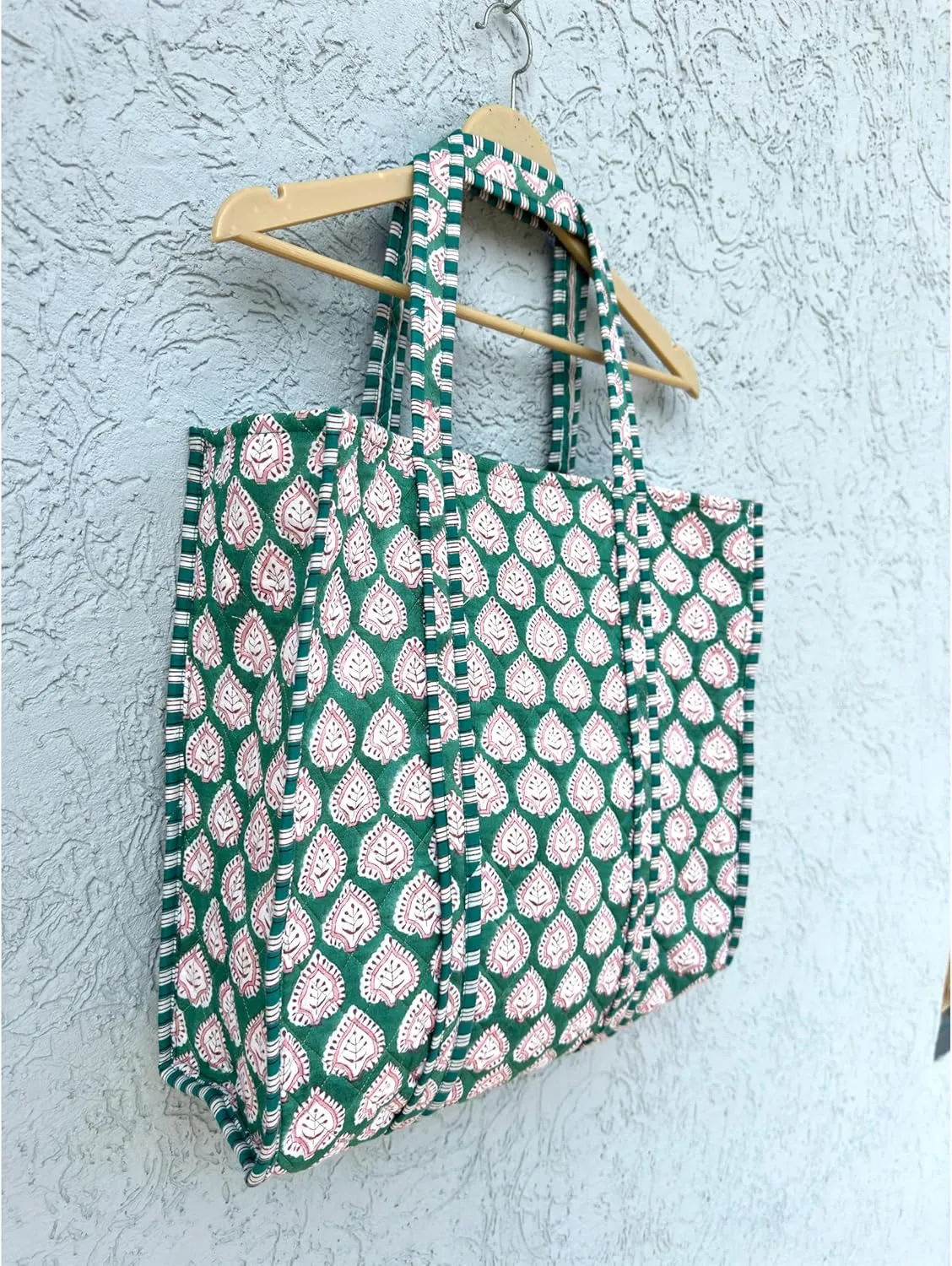 Indian Handmade Block Printed Tote Bag Women Handbag Traveling Bag Men Shoulder Bag With One Pocket Quilted Cotton Tote Bag