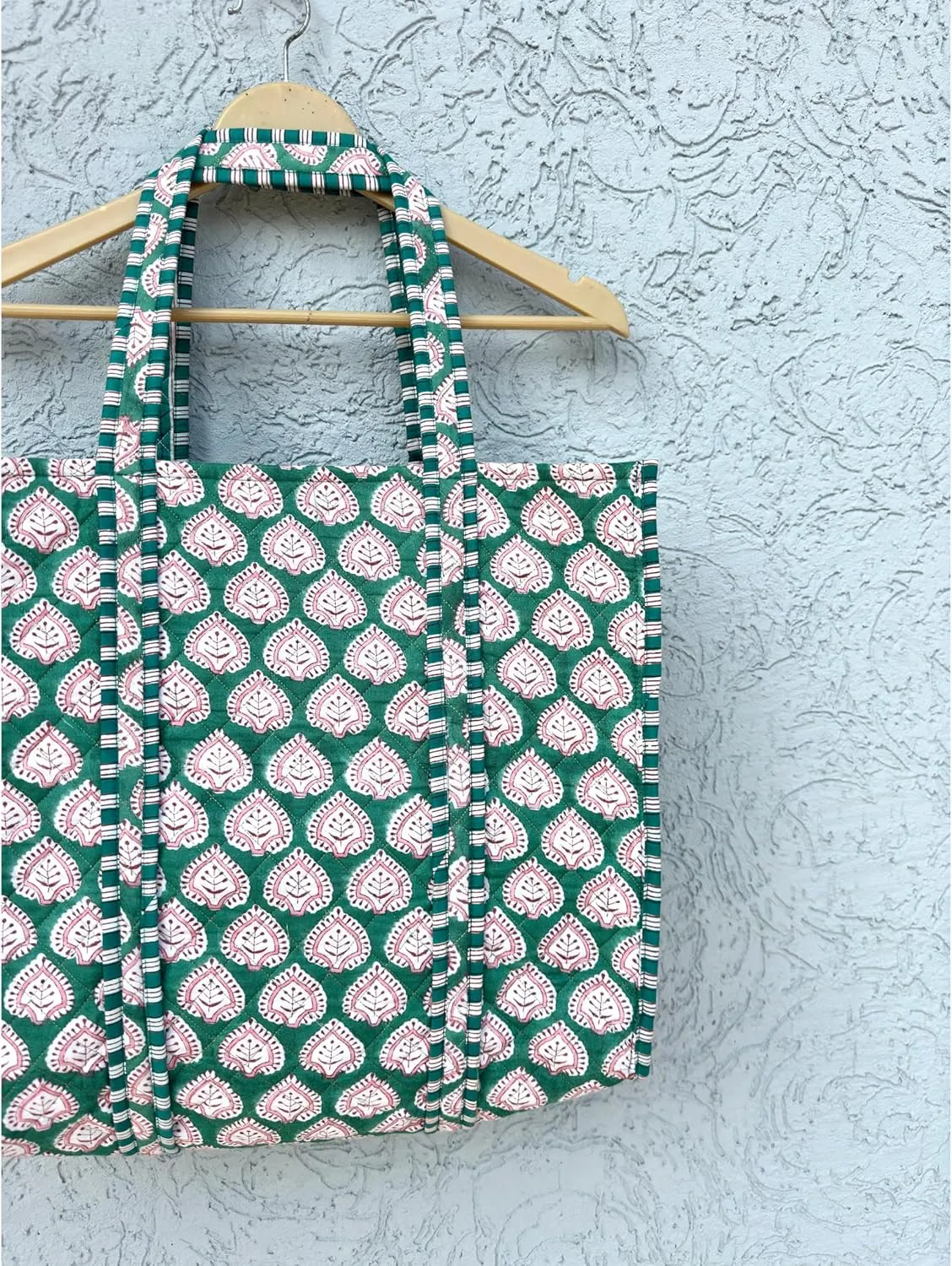 Indian Handmade Block Printed Tote Bag Women Handbag Traveling Bag Men Shoulder Bag With One Pocket Quilted Cotton Tote Bag