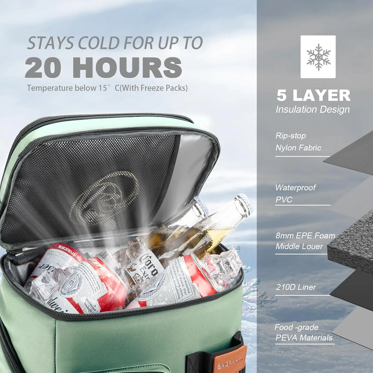 Insulated Cooler Backpack,33 Cans Multifunctional Double Deck Leakproof Cooler Bag with Sternum Strap,Large Capacity Lightweight Travel Camping Beach Backpack