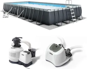 INTEX 32' x 16' x 52" Ultra XTR Frame Above Ground Rectangular Outdoor Swimming Pool Set with Krystal Clear Saltwater System, Ladder, and Cover