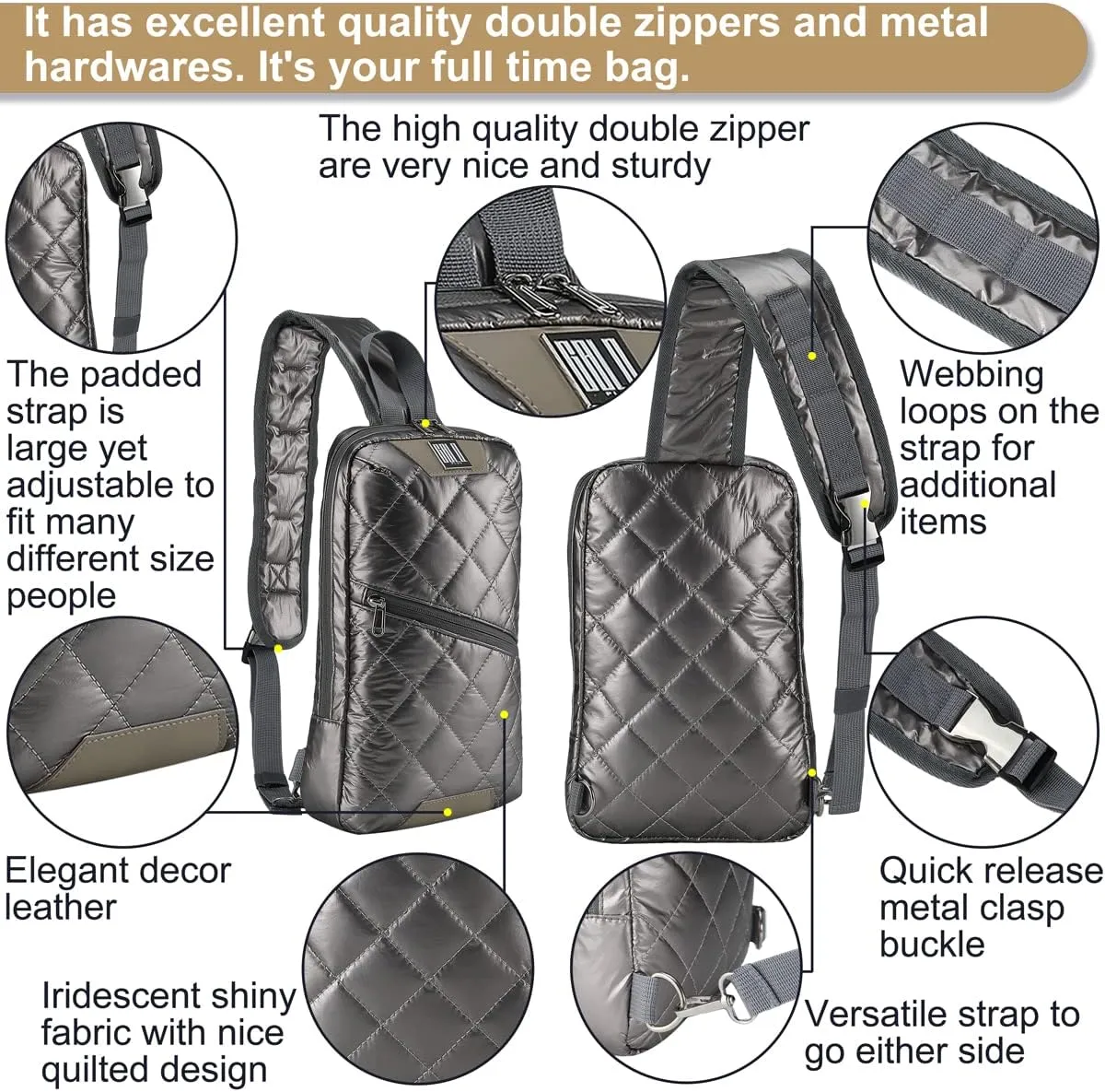 Iridescent Crossbody Shoulder Puffer Backpack for Women Men, Travel Hiking Small Chest Bag Daypack