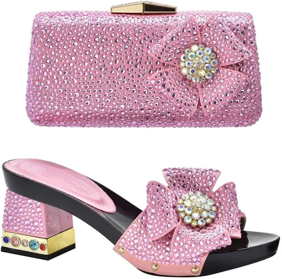 Italian Design Sparkling Crystal Bridal Shoes Evening Bag Set African Wedding Party Luxury Heels