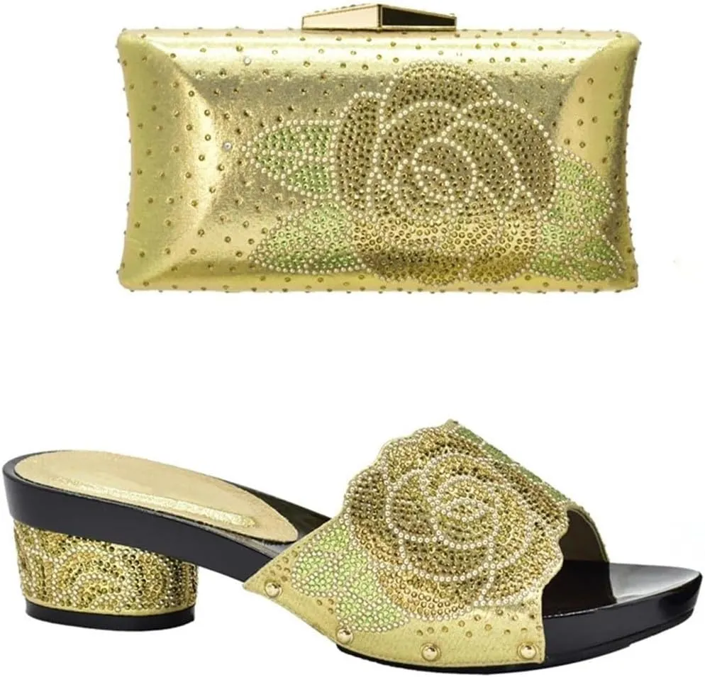 Italian Design Wedding Shoes Bag Combo African Rhinestone Bridal Party Heel Set