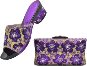 Italian Leather Rhinestone Wedding Shoes with Matching Evening Bag Set African Bridal Party Pumps