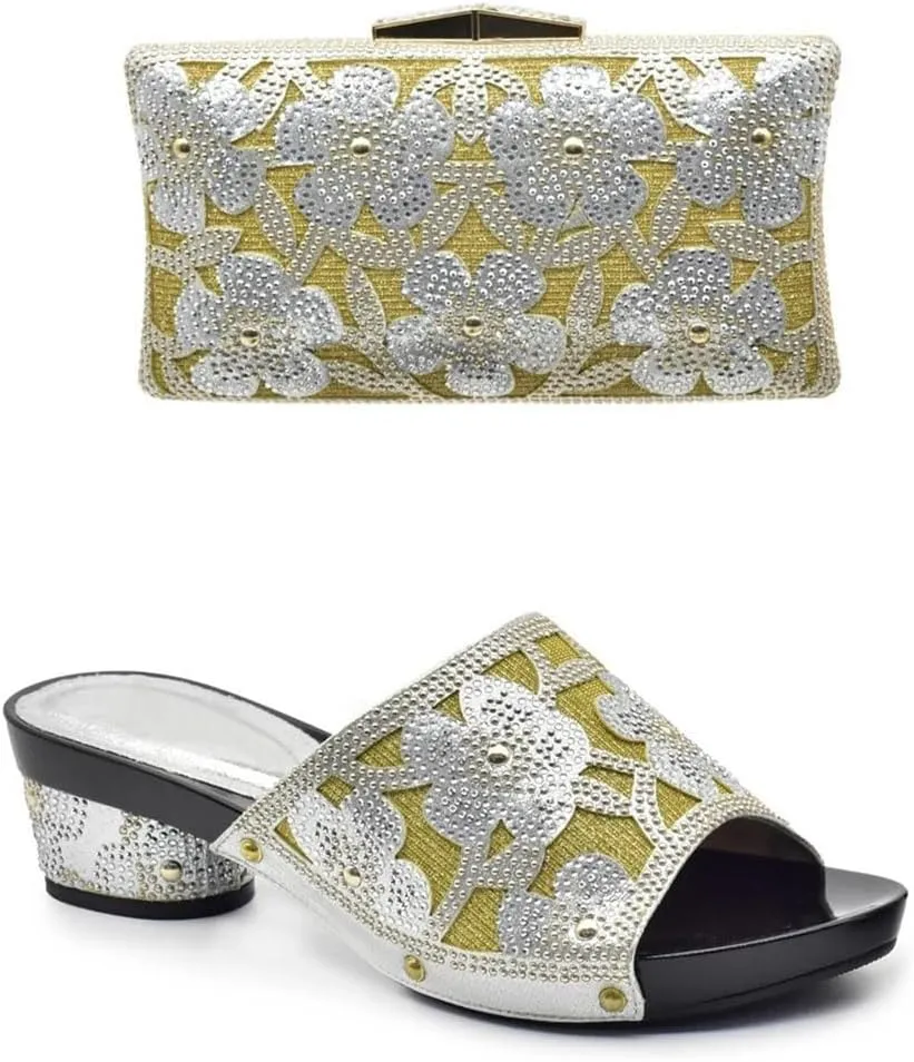 Italian Leather Rhinestone Wedding Shoes with Matching Evening Bag Set African Bridal Party Pumps