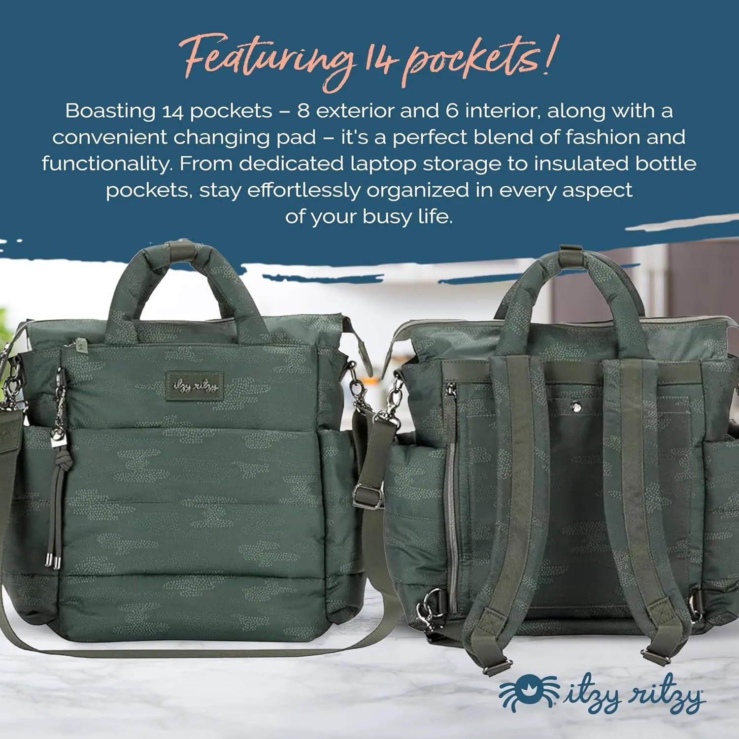 Itzy Ritzy Dream Convertible Diaper Bag Tote Backpack - Baby Diaper Bag with 14 Pockets, Changing Pad & More (Cloud Camo)