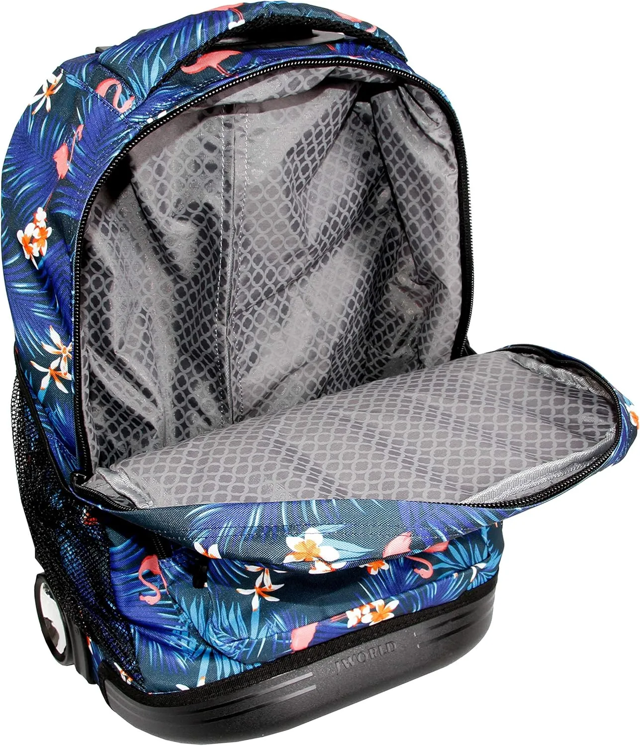 J World New York Sunrise Kids Rolling Backpack for Girls Boys Teen. Roller Bookbag with Wheels, New Flamingo, 18"