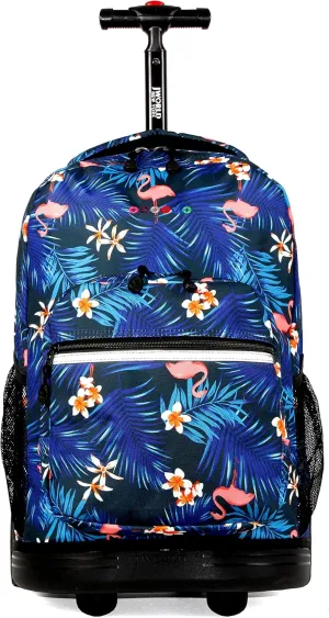 J World New York Sunrise Kids Rolling Backpack for Girls Boys Teen. Roller Bookbag with Wheels, New Flamingo, 18"