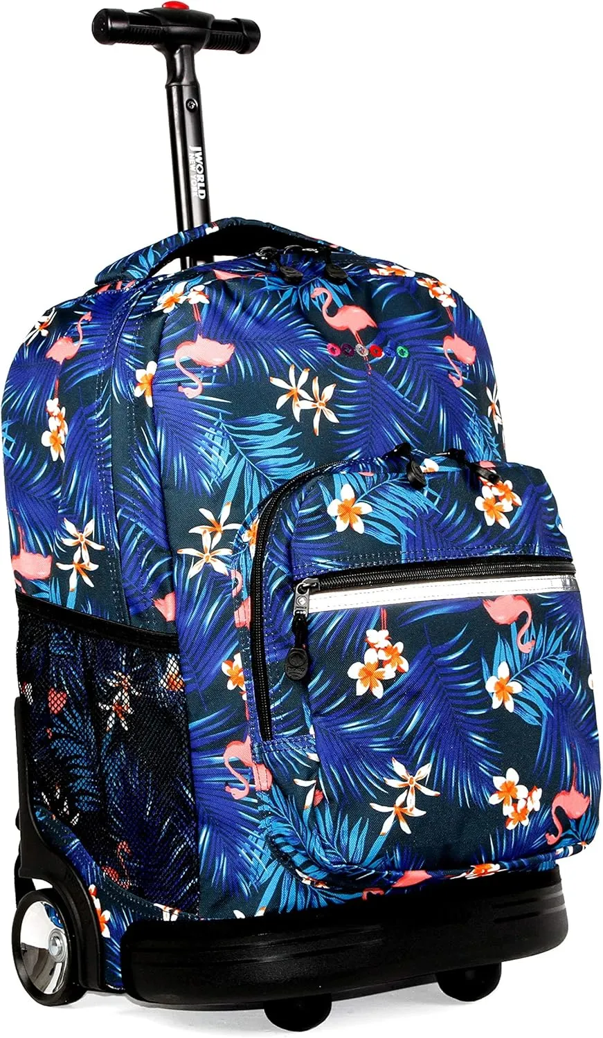 J World New York Sunrise Kids Rolling Backpack for Girls Boys Teen. Roller Bookbag with Wheels, New Flamingo, 18"