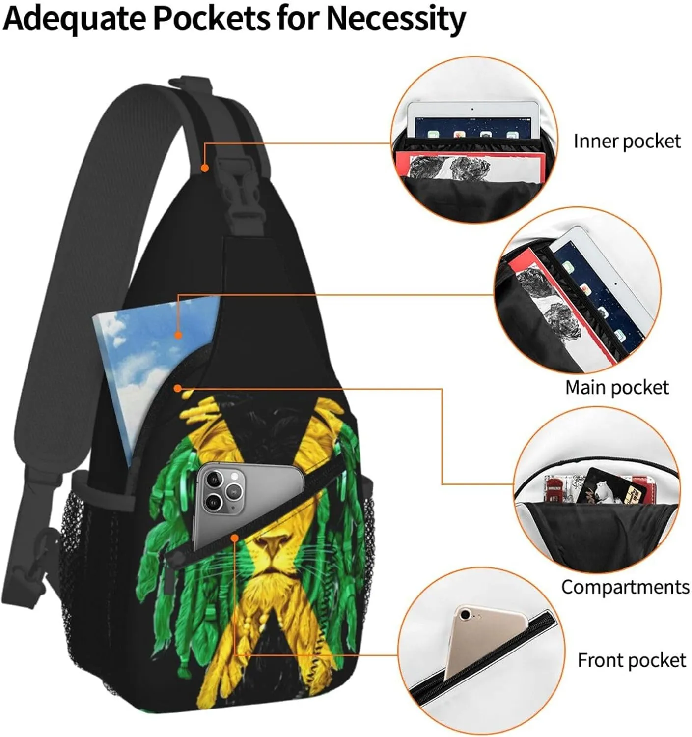 Jamaican Flag Lion Head Sling Bag Adjustable Chest Bags Casual Crossbody Bag Travel Shoulder Backpack