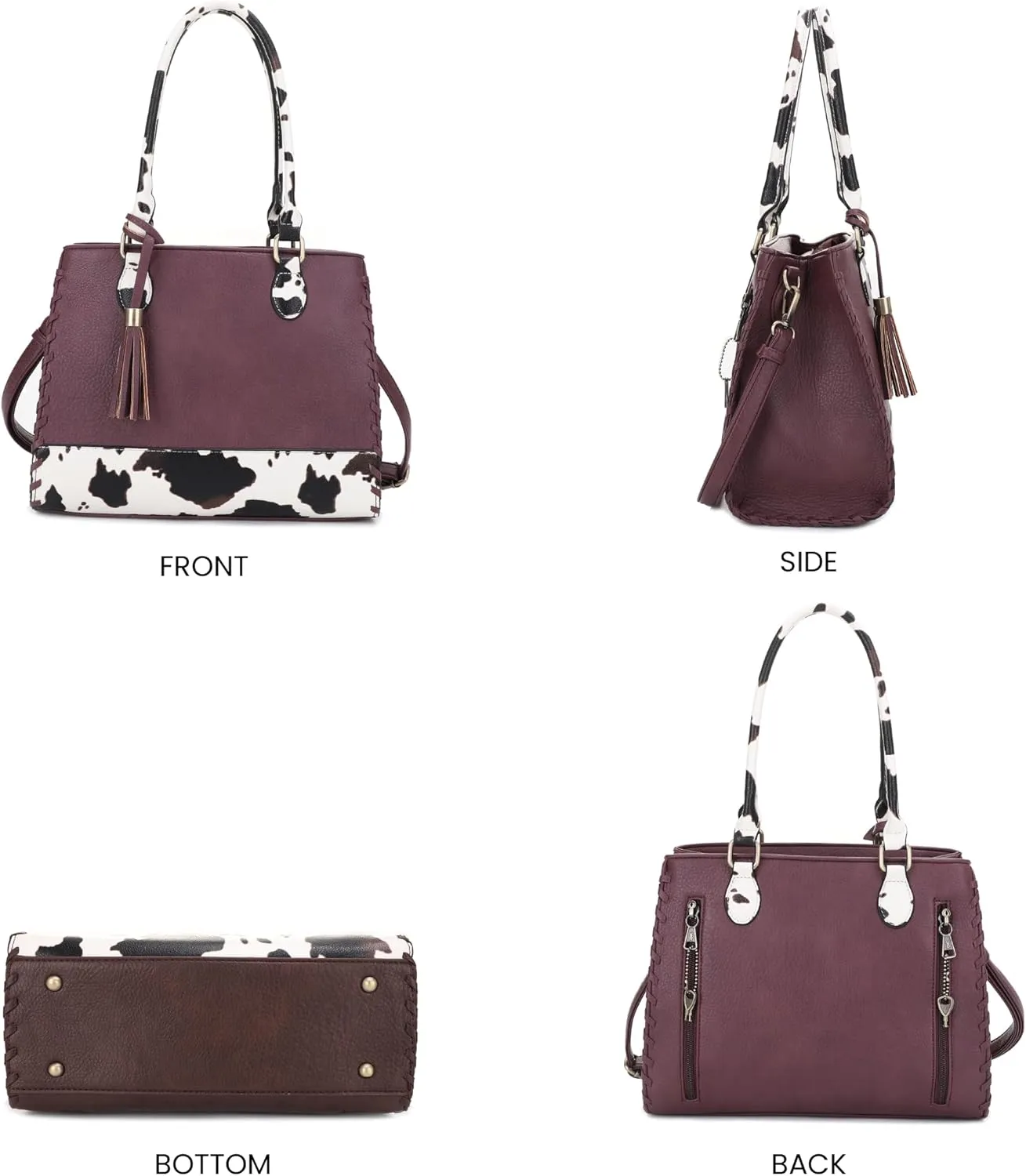 JESSIE & JAMES Montana Whipstitching Cow Print Top Handle Satchel Purse with Adjustable Shoulder Strap