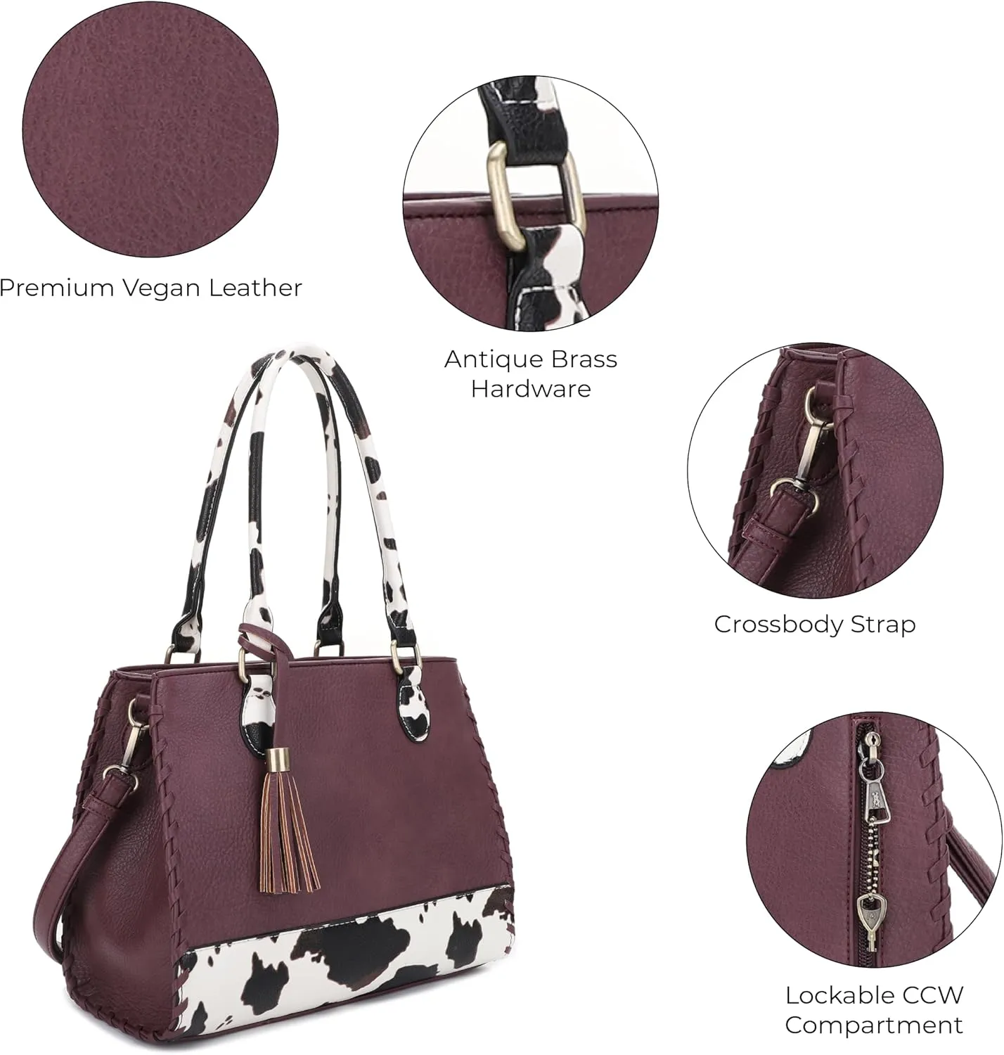 JESSIE & JAMES Montana Whipstitching Cow Print Top Handle Satchel Purse with Adjustable Shoulder Strap