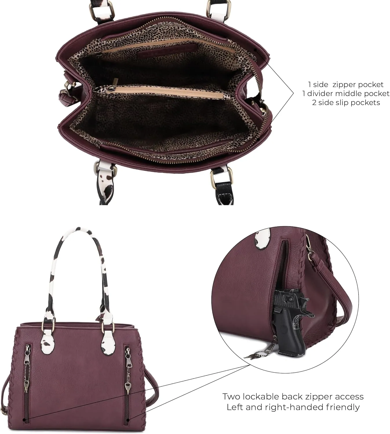 JESSIE & JAMES Montana Whipstitching Cow Print Top Handle Satchel Purse with Adjustable Shoulder Strap