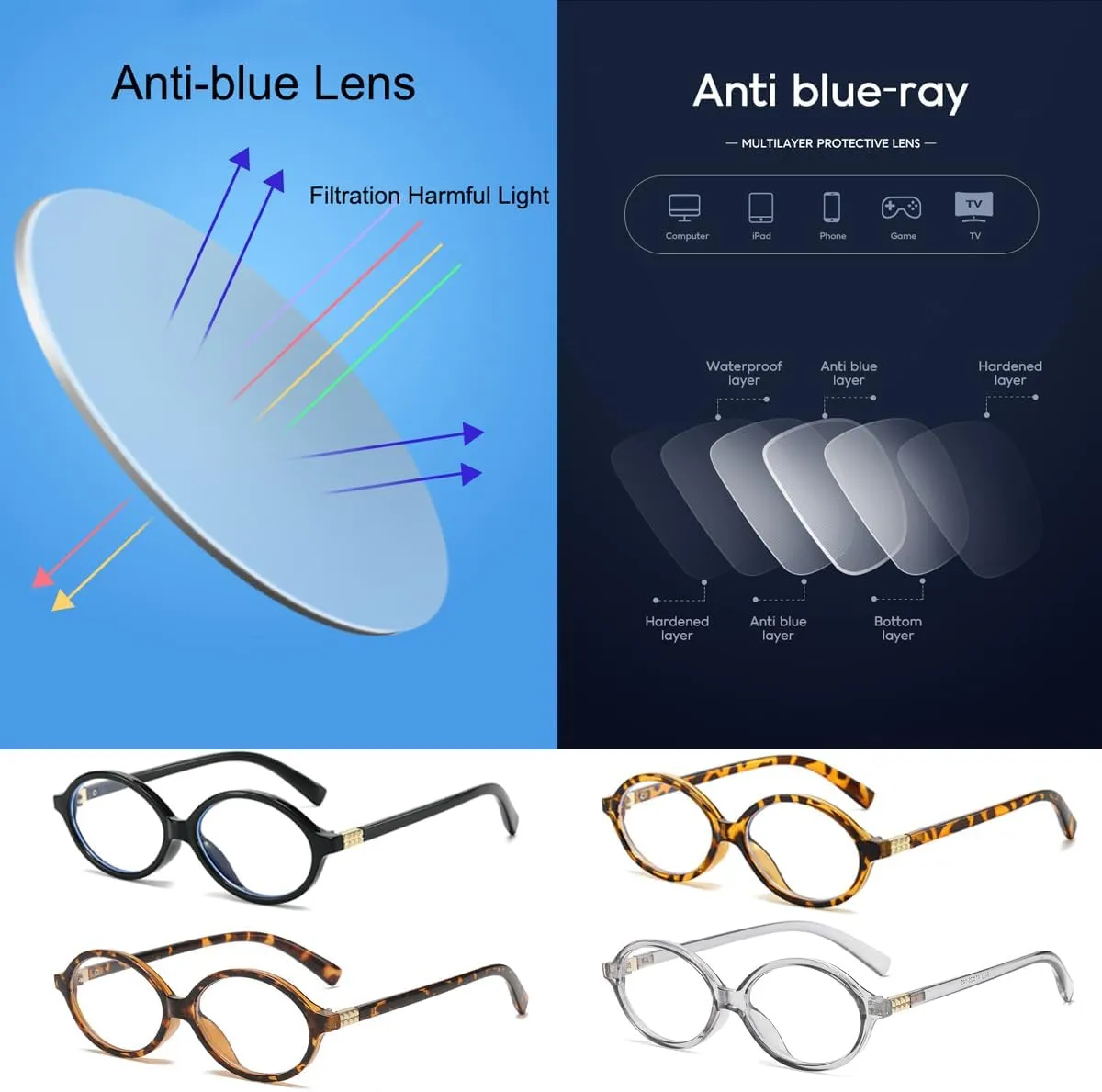 JOVAKIT Retro Oval Blue Light Blocking Glasses for Women Vintage Fashion 90s Small Oval Frame Eyeglasses
