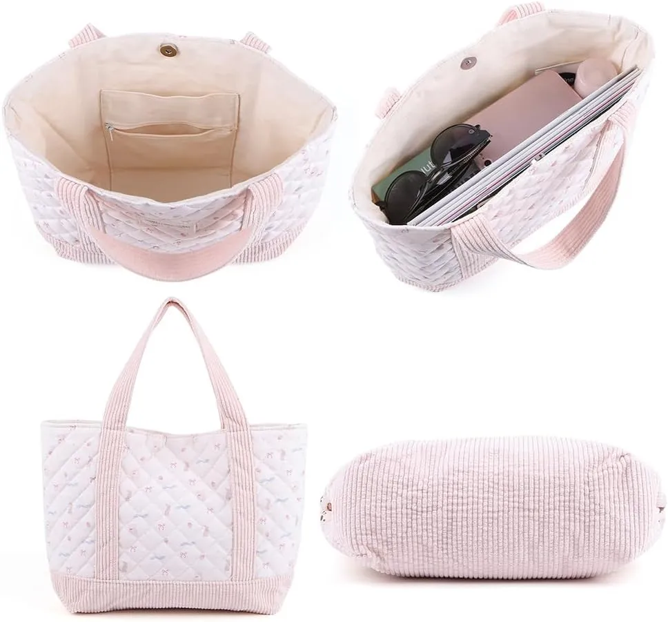 JQWSVE Floral Tote Bag for Women - Coquette Aesthetic Purse - Cute Cotton Quilted Hobo Handbag - Lightweight Small Puffer