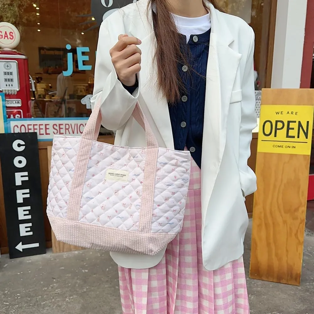 JQWSVE Floral Tote Bag for Women - Coquette Aesthetic Purse - Cute Cotton Quilted Hobo Handbag - Lightweight Small Puffer
