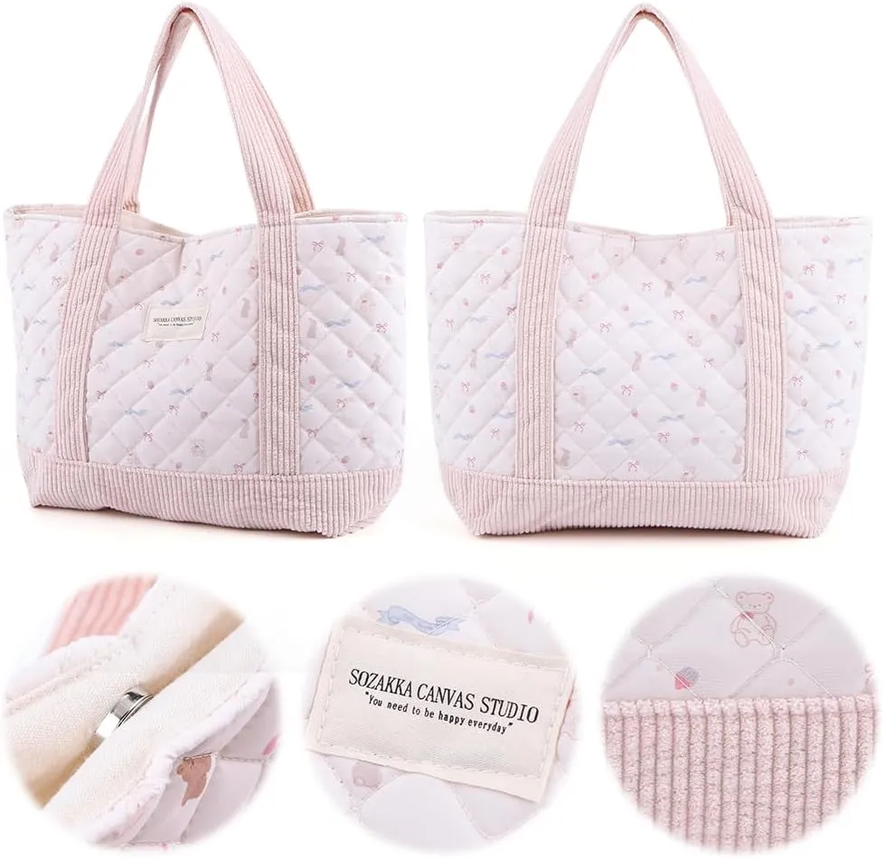 JQWSVE Floral Tote Bag for Women - Coquette Aesthetic Purse - Cute Cotton Quilted Hobo Handbag - Lightweight Small Puffer