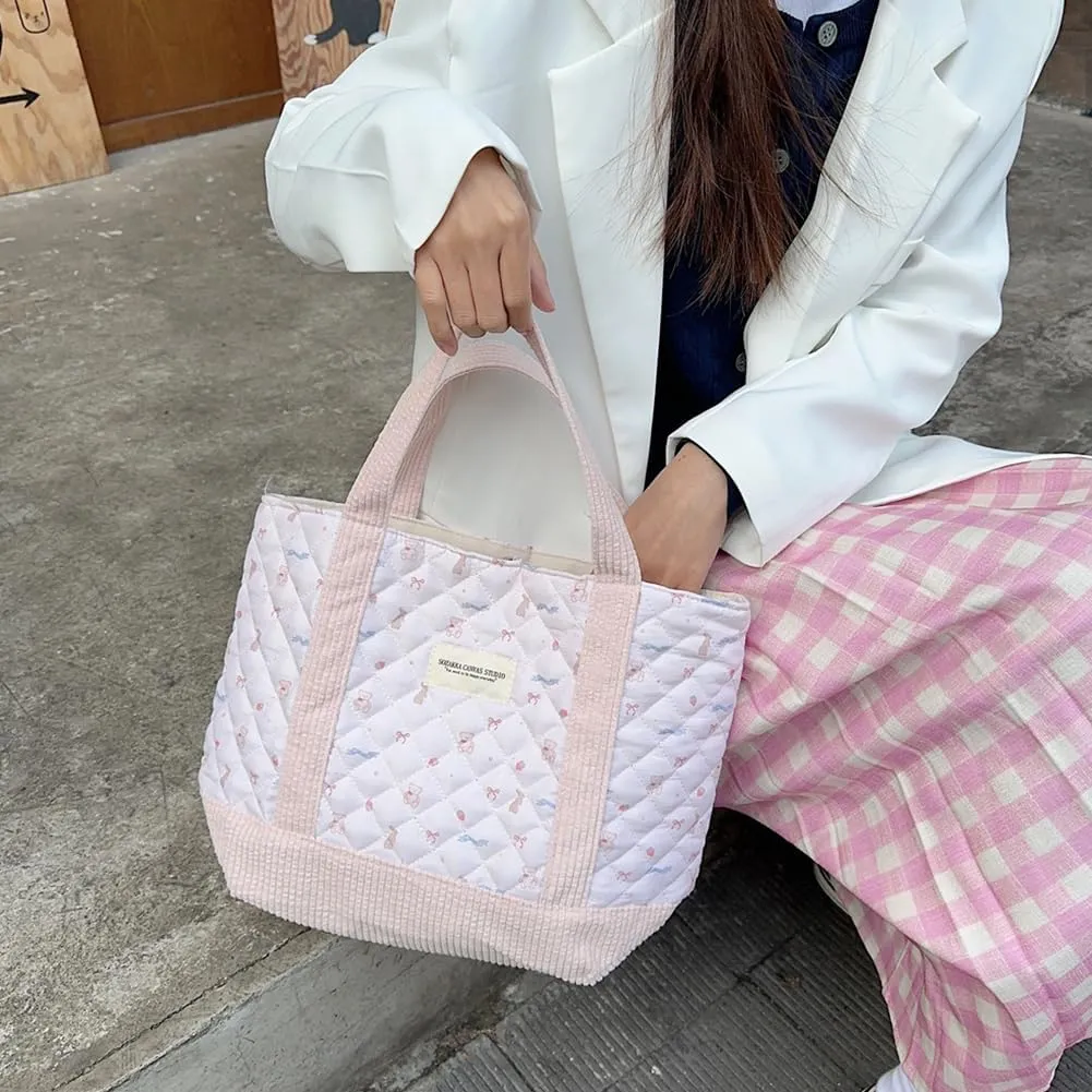 JQWSVE Floral Tote Bag for Women - Coquette Aesthetic Purse - Cute Cotton Quilted Hobo Handbag - Lightweight Small Puffer