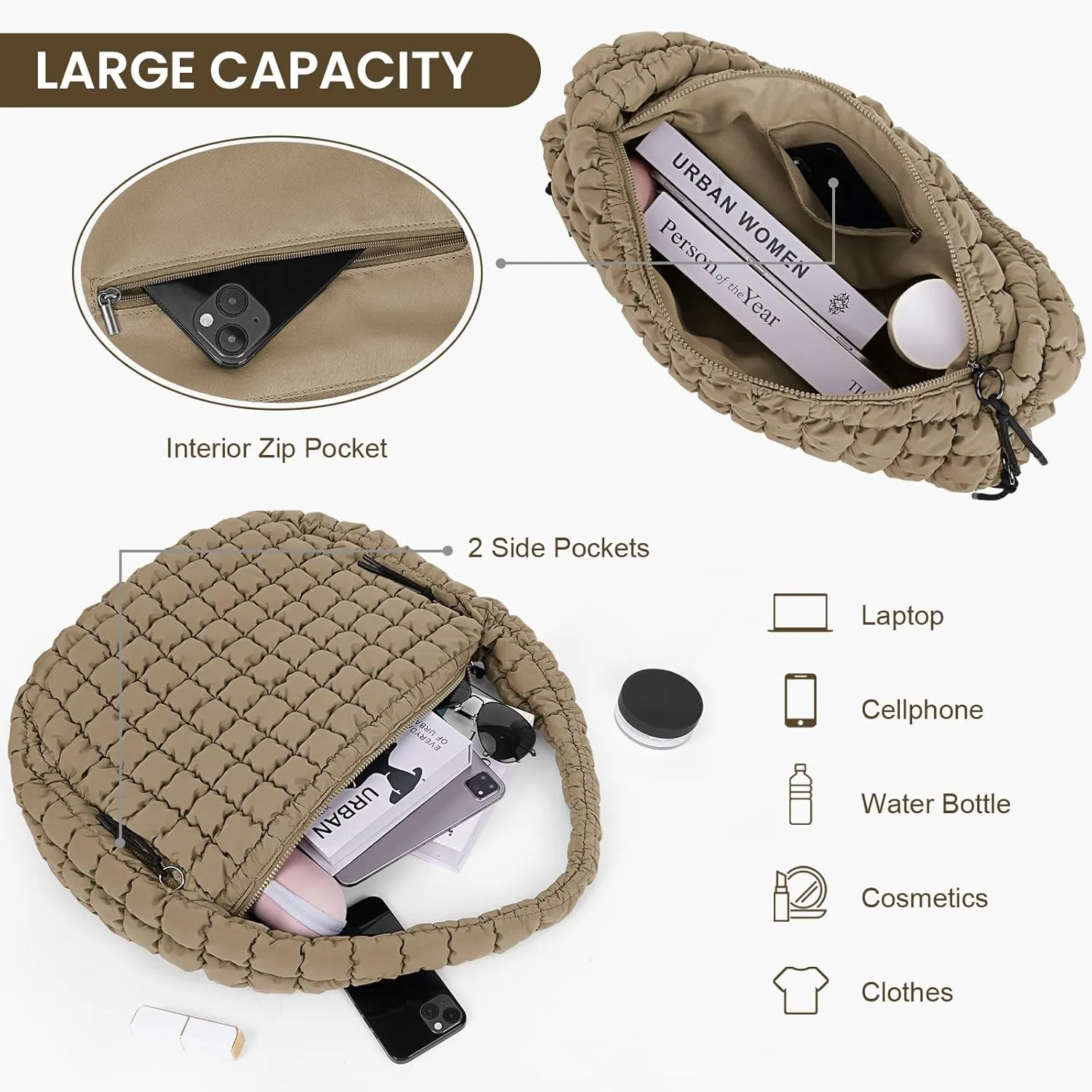 Juoxeepy Quilted Tote Bag Large Carryall Puffer Shoulder Bag Lightweight Padding Hobo Bag