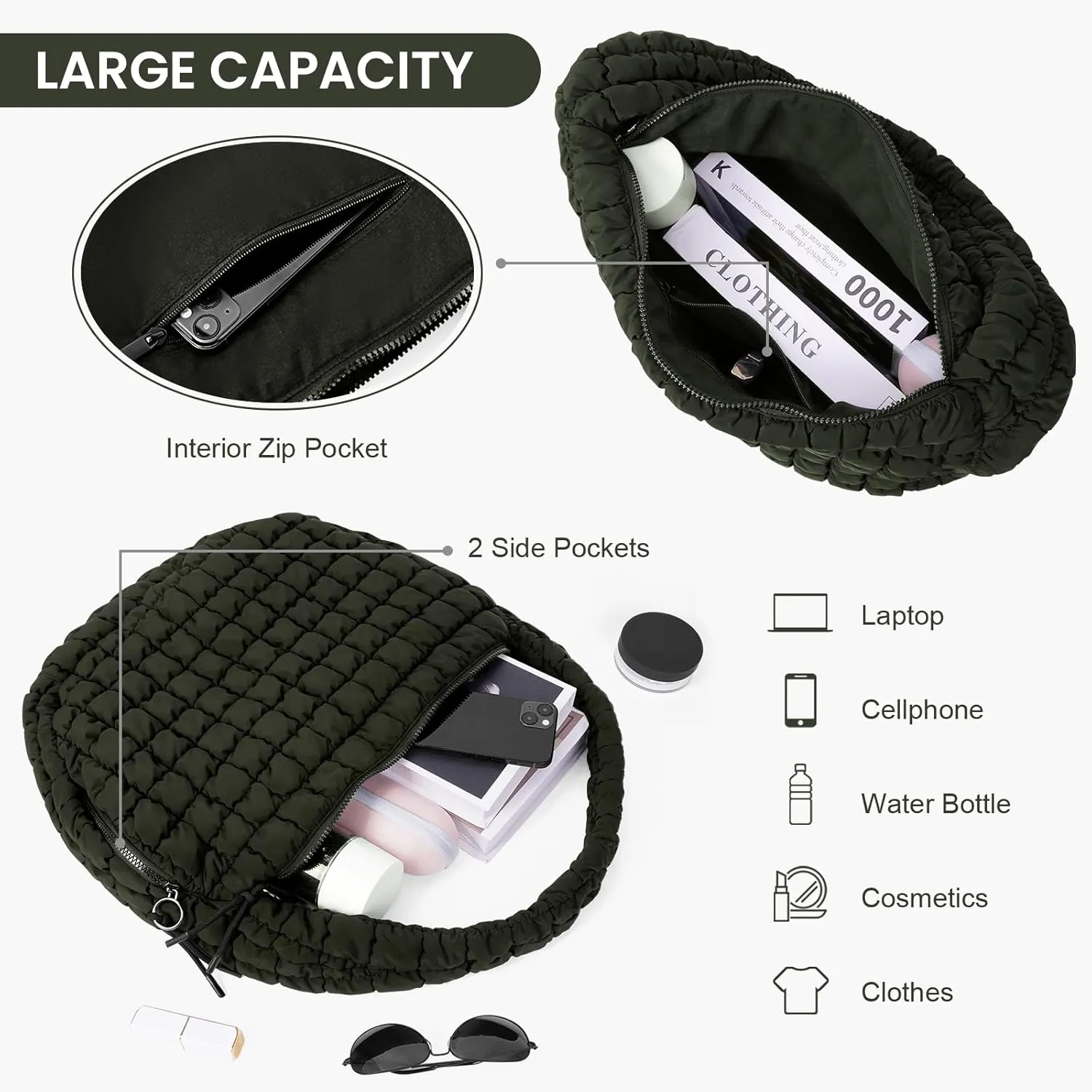 Juoxeepy Quilted Tote Bag Large Carryall Puffer Shoulder Bag Lightweight Padding Hobo Bag