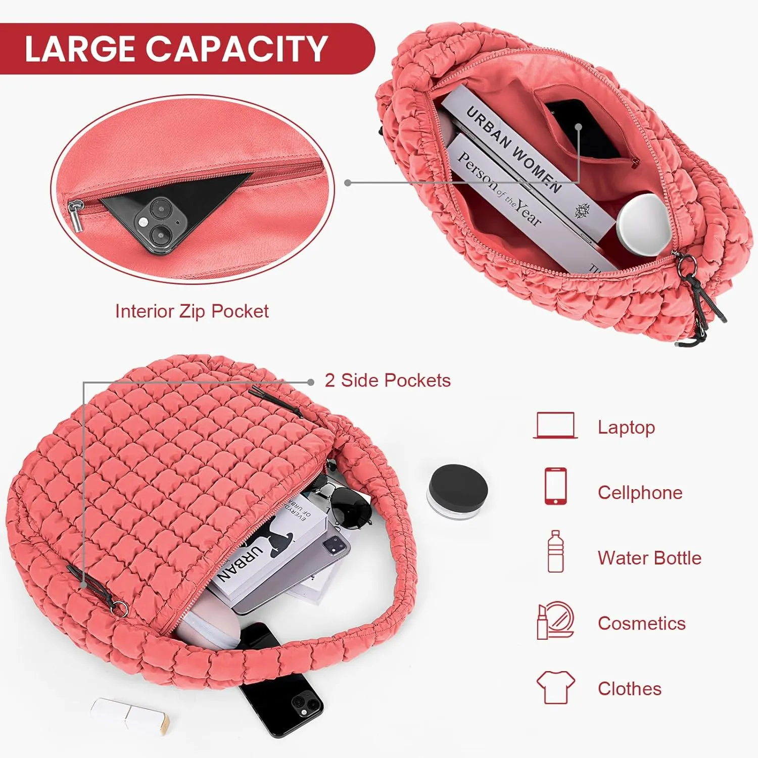 Juoxeepy Quilted Tote Bag Large Carryall Puffer Shoulder Bag Lightweight Padding Hobo Bag