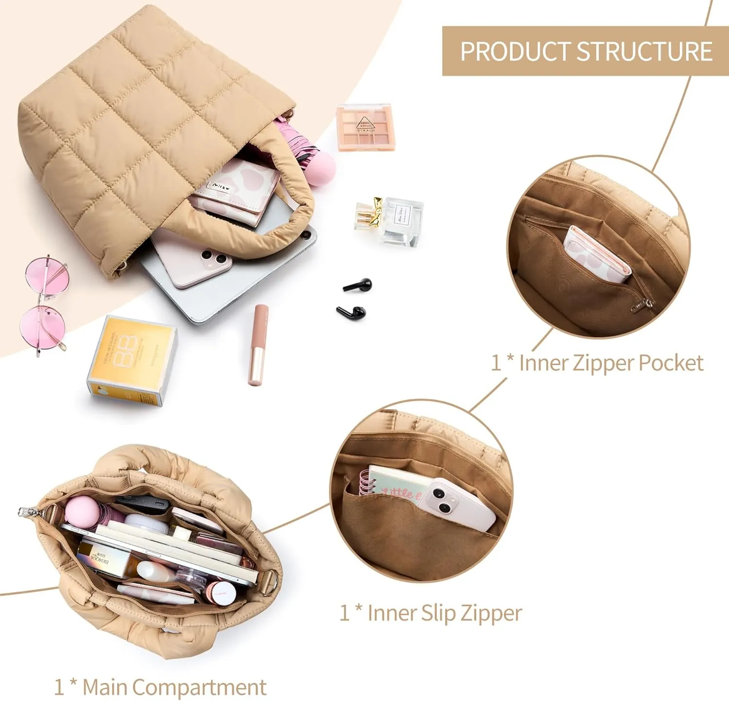KALIDI Quilted Tote Bag Small Puffer Crossbody Bag for Women Lightweight Nylon Puffy Shoulder Handbag with Adjustable Strap