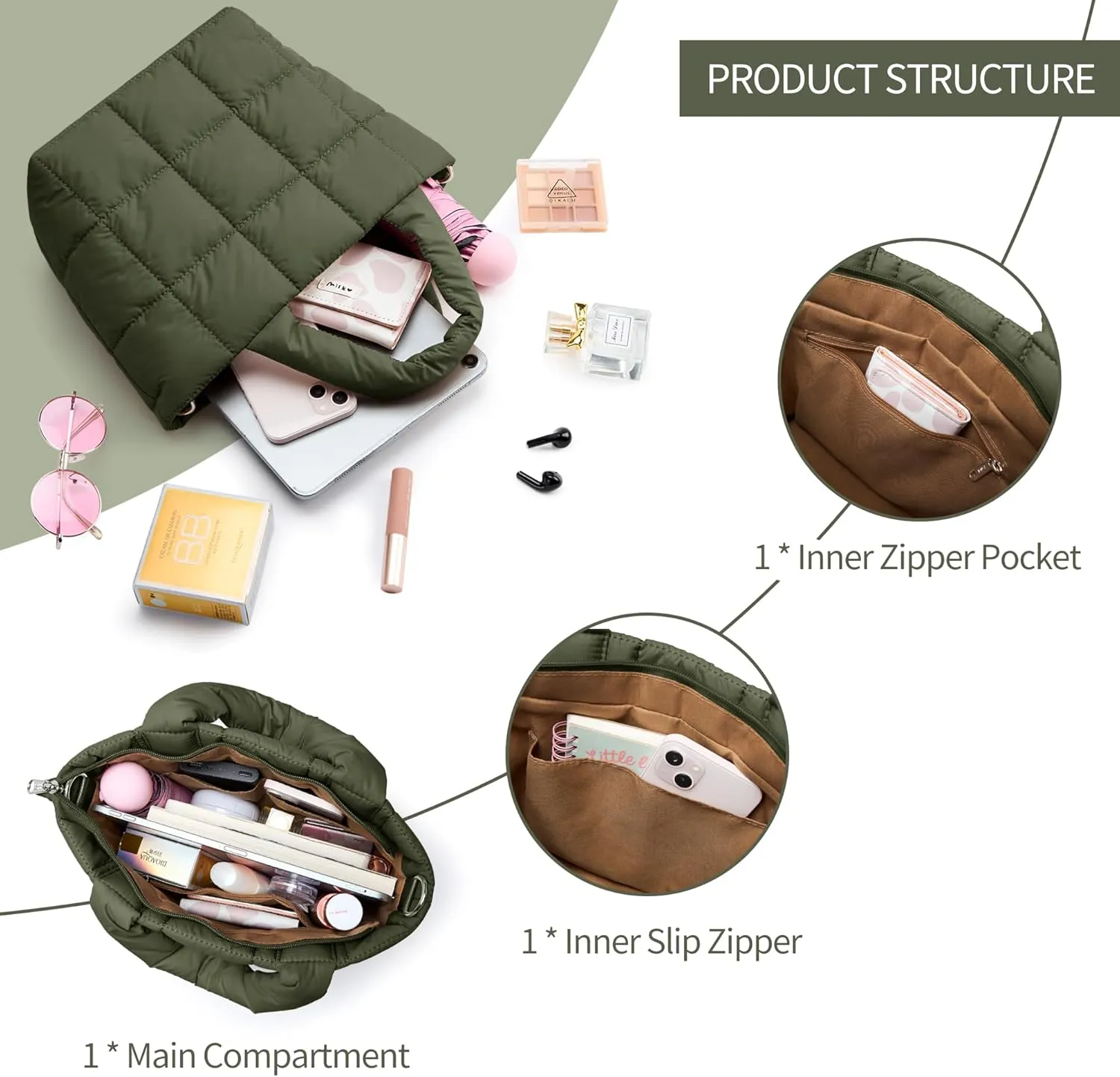 KALIDI Quilted Tote Bag Small Puffer Crossbody Bag for Women Lightweight Nylon Puffy Shoulder Handbag with Adjustable Strap