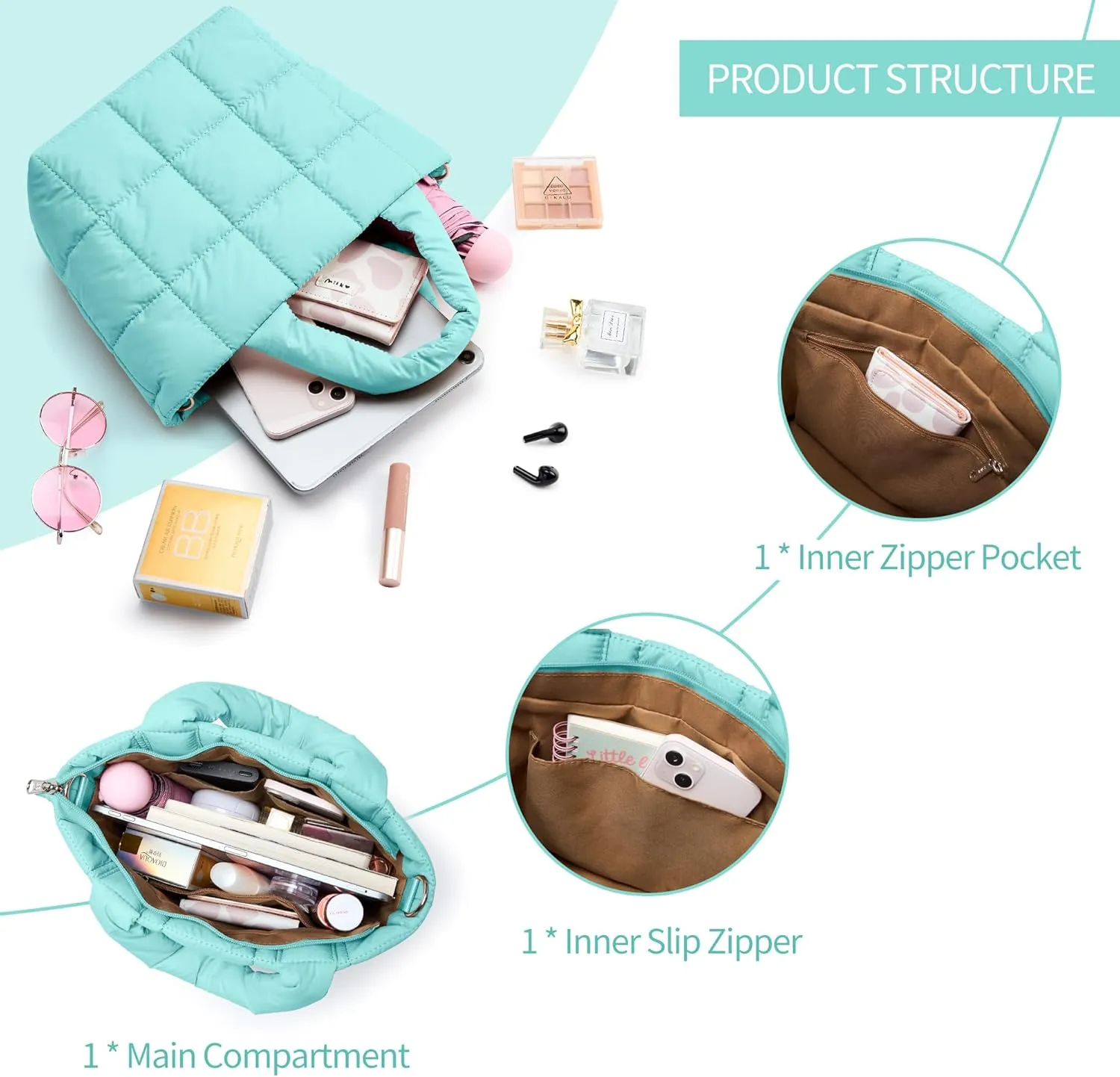 KALIDI Quilted Tote Bag Small Puffer Crossbody Bag for Women Lightweight Nylon Puffy Shoulder Handbag with Adjustable Strap
