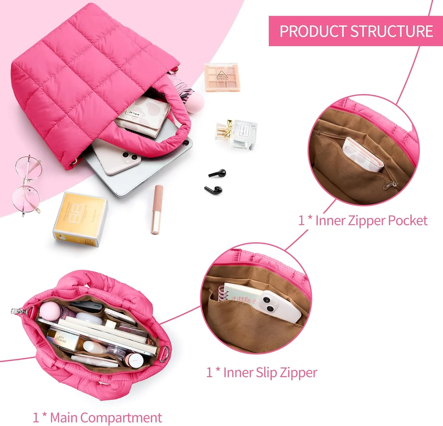 KALIDI Quilted Tote Bag Small Puffer Crossbody Bag for Women Lightweight Nylon Puffy Shoulder Handbag with Adjustable Strap