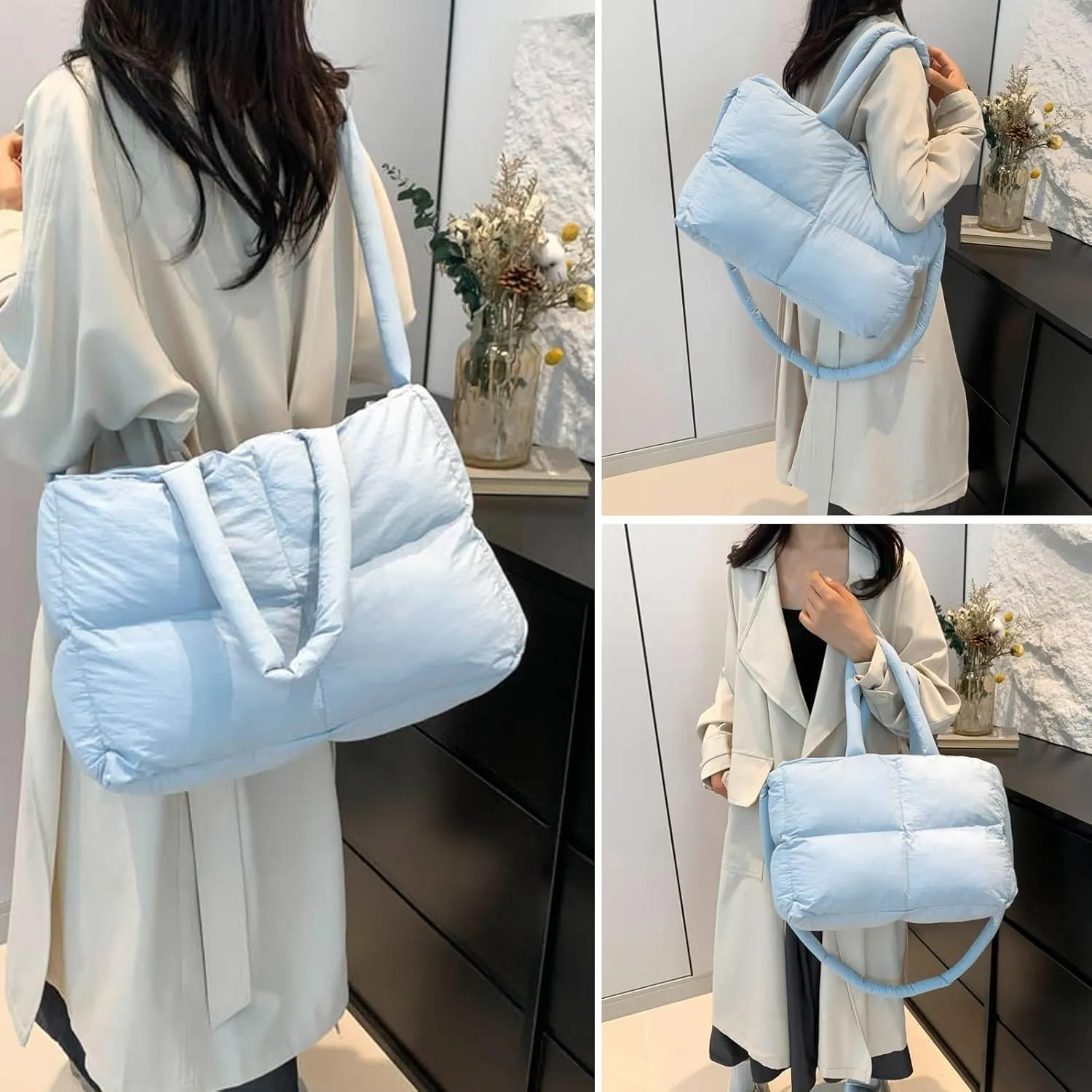 KARRESLY Puffer Shoulder Bag for Women Quilted Tote Bag Large Lightweight Padded Hobo Handbag with Zipper Puffy Purse