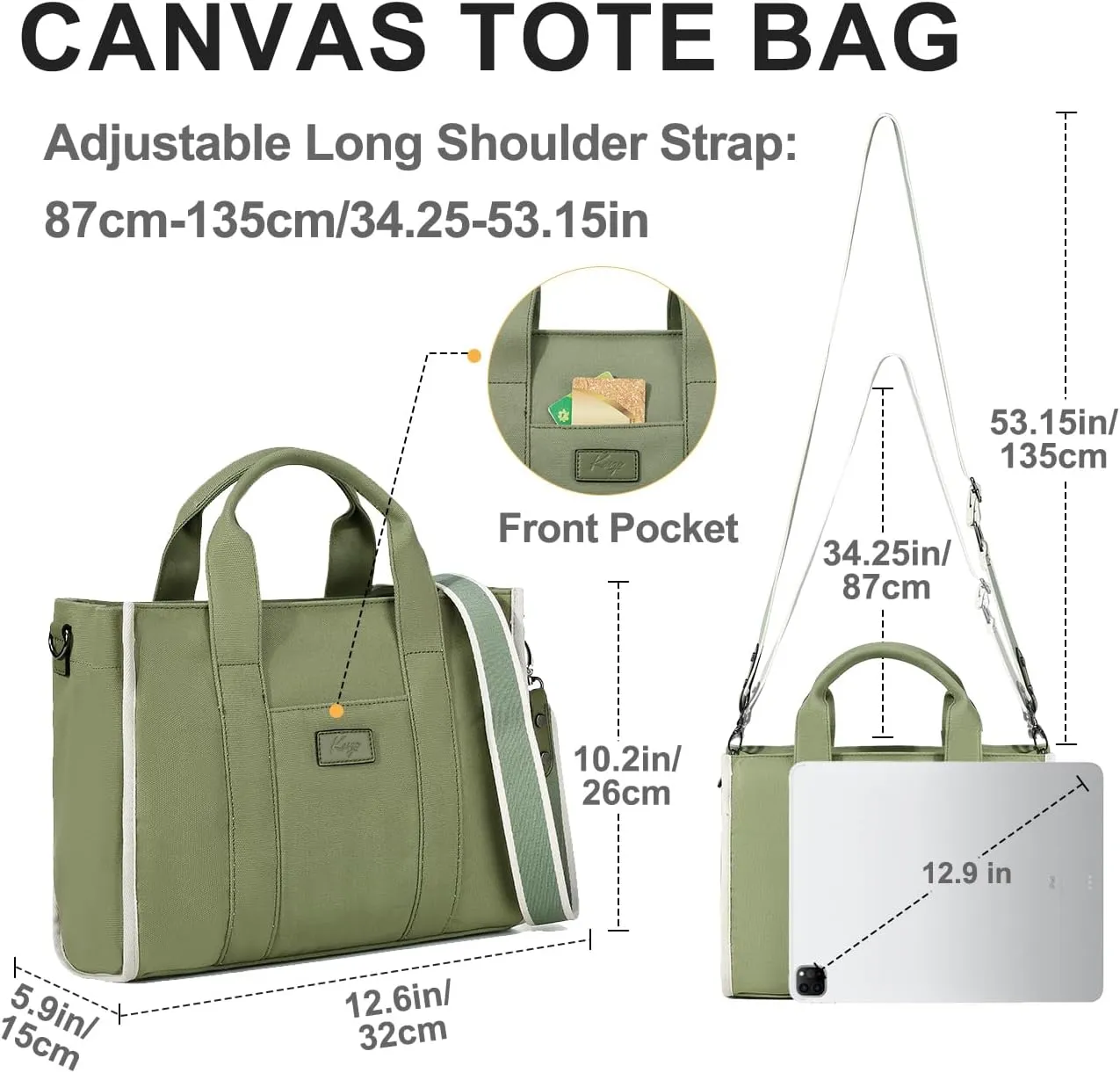 Kasqo Canvas Tote Bag for Women, Casual Tote Purse Shoulder Satchel Bag with Multi Pockets Zipper for Travel,Work